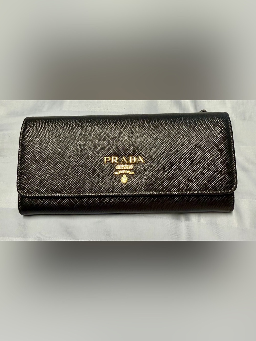 Prada Black Saffiano Leather Continental Wallet with Gold Logo